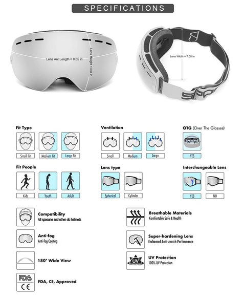 SPOSUNE Ski Goggles Over Glasses - Snow/Snowboard Goggle for Men, Women & Youth - UV400 Anti-Fog Snowmobile Goggles
