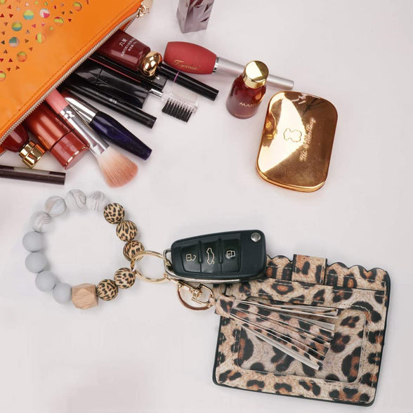 Goodern Keychain Wristlet Keychain Bracelet,Silicone Beaded Key Ring Bracelet with Card Holder,Keychain Wallet PU Leather Tassel Keychain for Car Keys,Elastic Keyring Bangle for Women Girls-Leopard