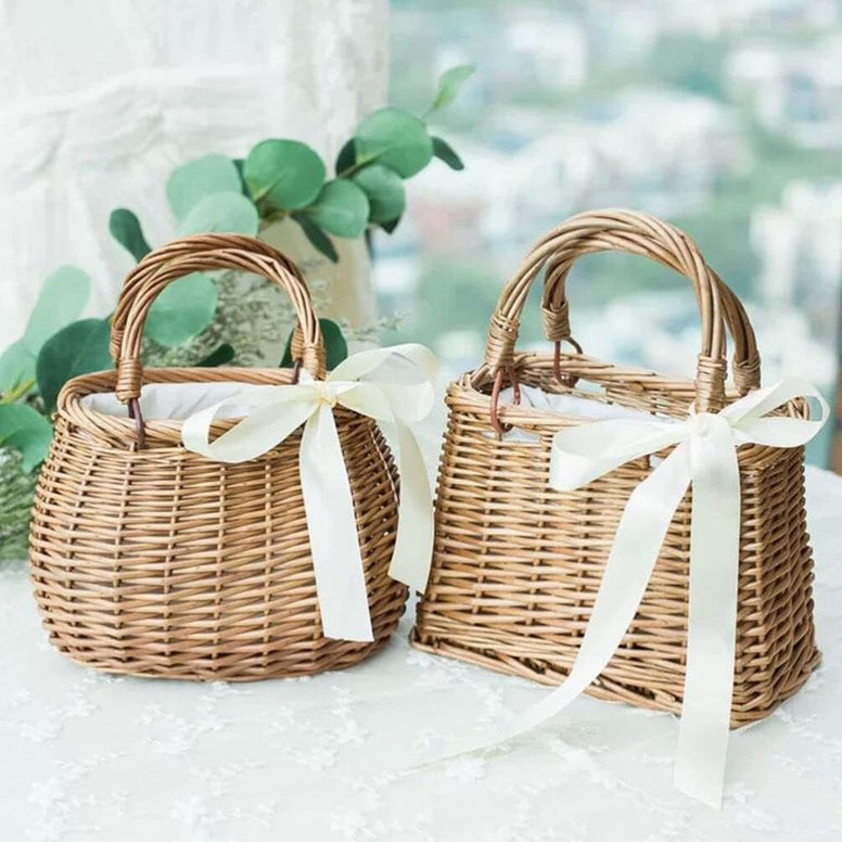 NOLITOY Picnic Basket Rattan Flower Basket, Handwoven Wicker Flower Candy Storage Basket with Handle for Picnic Wedding Home Garden Decoration Rattan Storage Basket