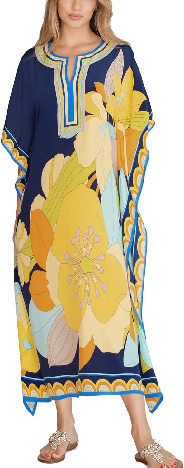 YouKD Women's Pirnt Floral Long Kaftan Maxi Dress Pluse Size Bikini Beach Cover Up Robes