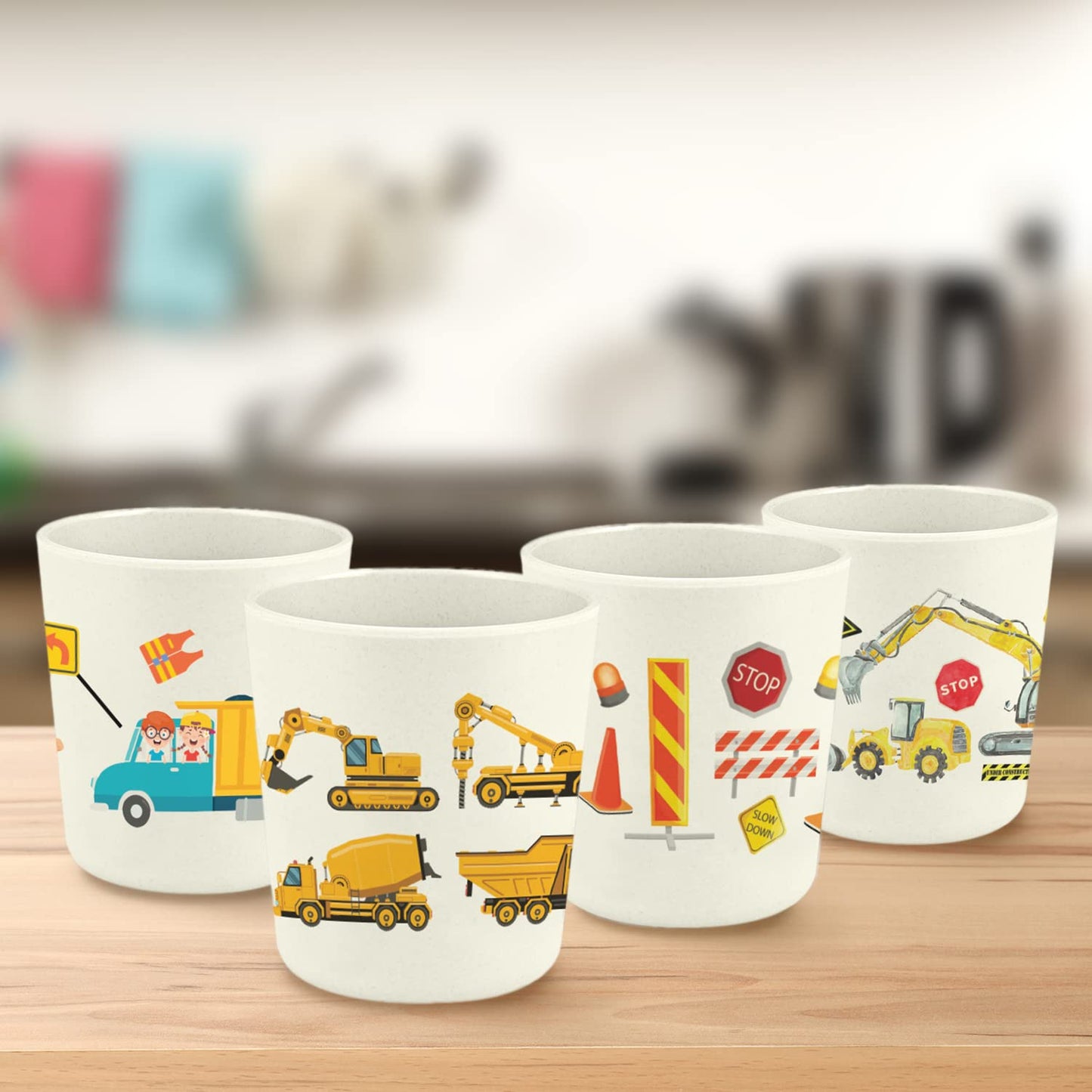 Bamboo King Set of 4 Construction Theme Party Bamboo Cups for Kids | Shatter Resistant | BPA Free | Open Cups | 8 Oz