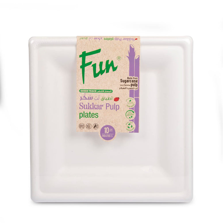 Fun Sukkar Pulp Square Plate 10x10 inch Eco-Friendly Disposable Dinnerware white plate for party, Camping,Compostable,Recyclable and biodegradable Picnic Plates (Pack of 10)