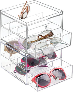 mDesign Stackable Plastic Eye Glass Storage Organizer Box Holder for Sunglasses, Reading Glasses, Accessories - 2 Divided Drawers, Chrome Pulls, 2 Pack - Clear