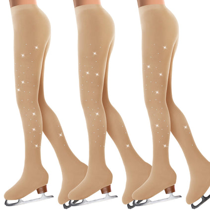 Ramede 3 Pcs Figure Skating Tights Rhinestones Ice Skate Tights Tan Crystal Figure for Girls Women Skating Ballet Dance Kids