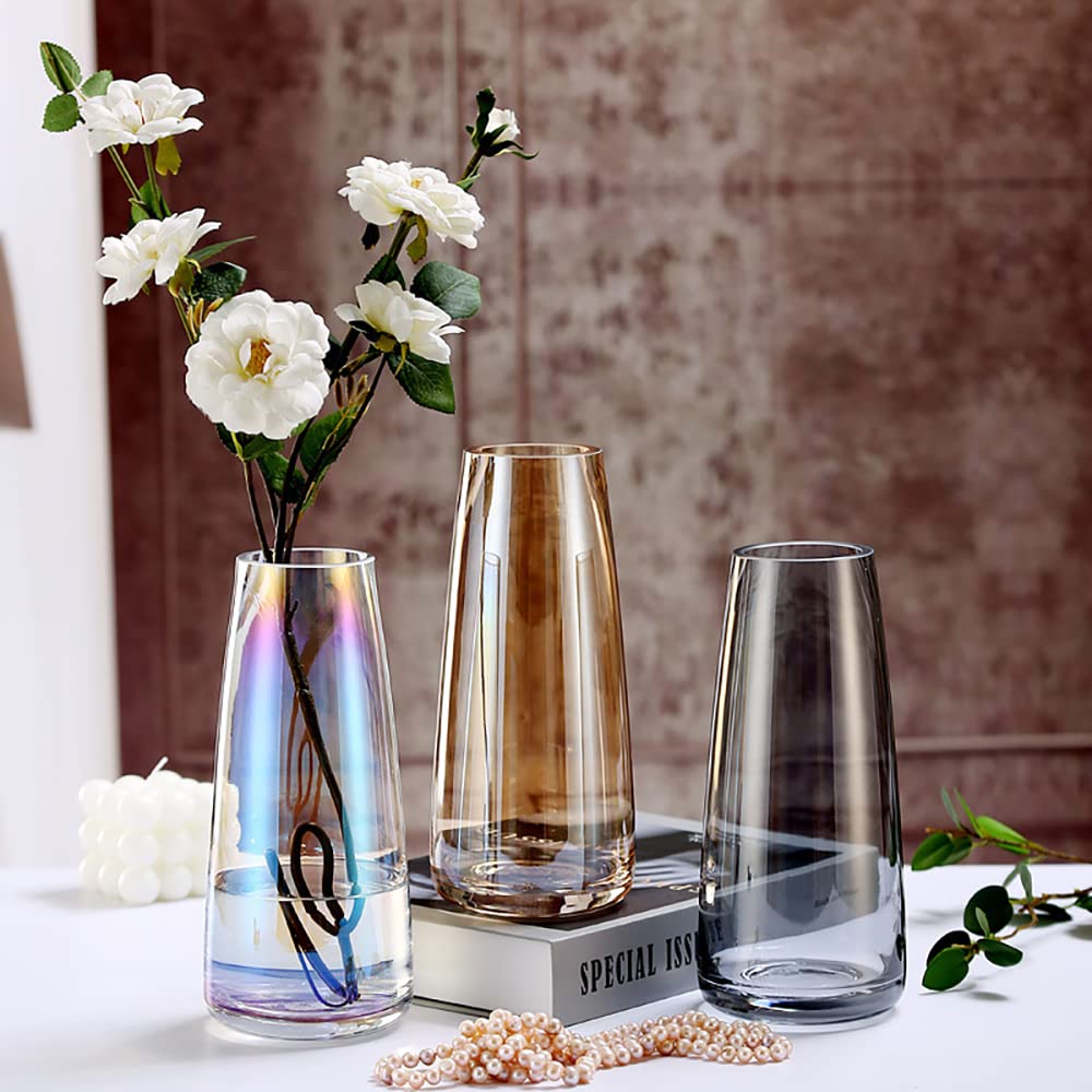 Flower Glass Vase for Decor Home Transparent Vase Handmade Modern Large Flower Vases for Centerpieces Living Room Kitchen Office Wedding Party 8.7 Inch (Iridescent Clear)