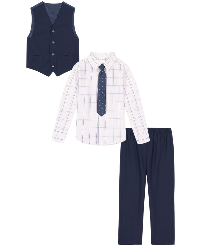 Van Heusen Boys' 4-Piece Formal Suit Set, Vest, Pants, Collared Dress Shirt, and Tie, Lavender Fog Tech