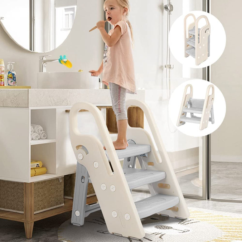 Hcosmy Foldable Toddler Step Stop for Bathroom Sink, Adjustable 3 Step Stool for Kids Toilet Potty Training Stool, Child Kitchen Counter Stool Helper, Plastic Ladder for Toddlers (grey)