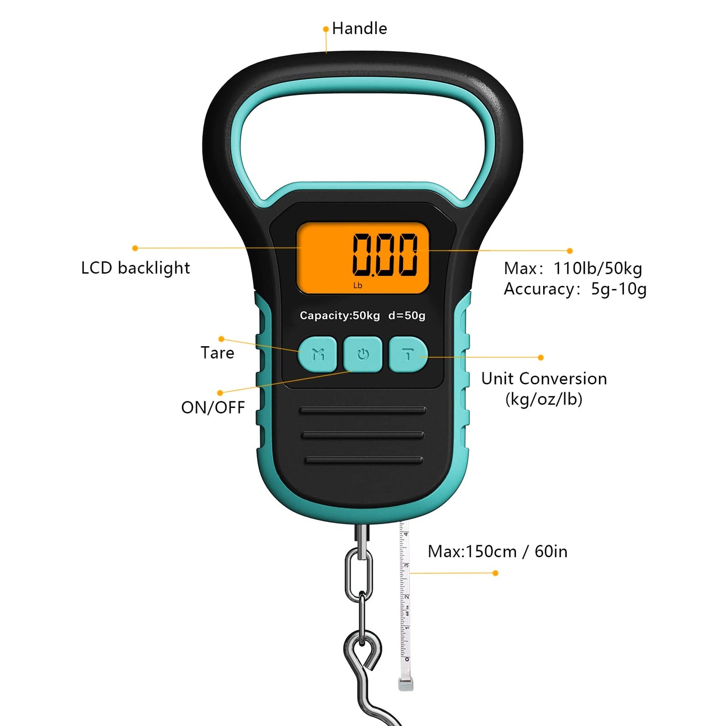 UNIWEIGH Digital Fishing Scale with Lip Gripper,Tape and Ruler,110lb/50kg Postal Hanging Luggage Scale with Hook，Waterproof Handing Scale for Home and Outdoor