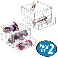 mDesign Stackable Plastic Eye Glass Storage Organizer Box Holder for Sunglasses, Reading Glasses, Accessories - 2 Divided Drawers, Chrome Pulls, 2 Pack - Clear