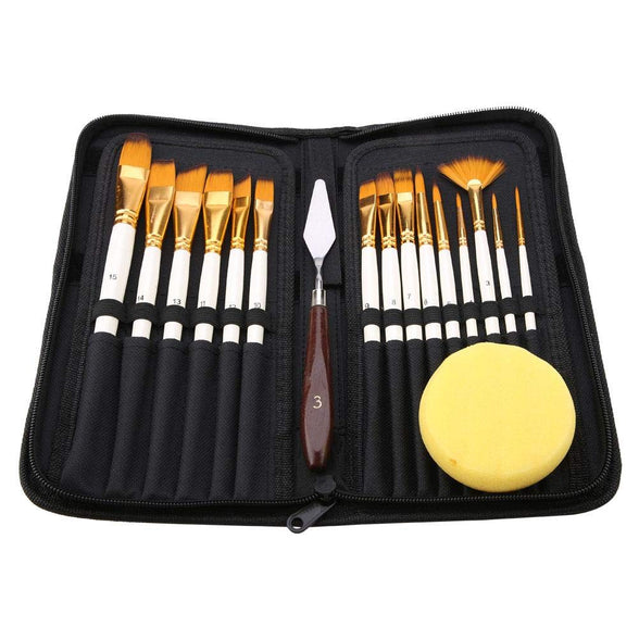 17Pcs Artist Paint Brush Set with Carrying Black Case Paint Knife Sponge for Watercolor Brush Oil Acrylic Drawing Painting