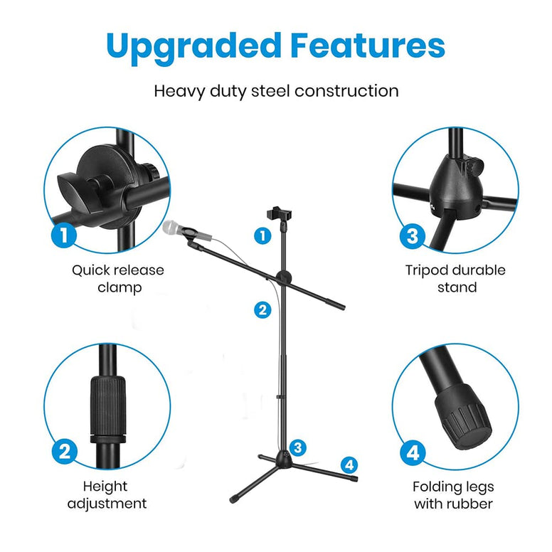 TDOO Microphone Stand, Foldable Tripod Boom Stand Adjustable Height Heavy Duty Mic Boom Stand with Dual Mic Clip Holders and Metal Base for Singing, Speech, Stage, Ou r Activities (Black-B)