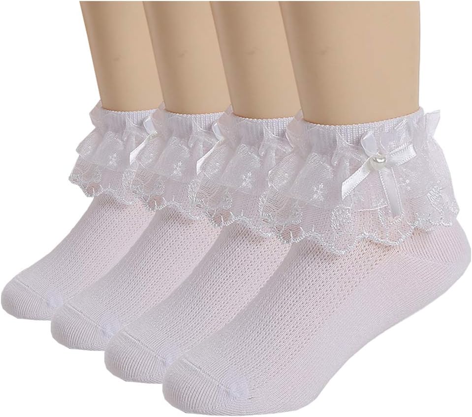 Xiyadun 4 Pack Toddler/Kids Girls Cotton Lace Socks Princess Dressy Socks(2-10T)