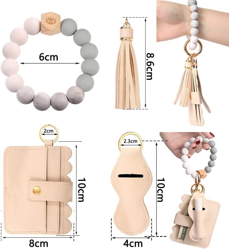 Goodern Wristlet Keychain Bracelet Keychain Wallet Leather Tassel Keychains Silicone Beaded Key Ring Bracelet with Card Holder Car Keychains Elastic Keychains Wristlet for Women and Men-Beige