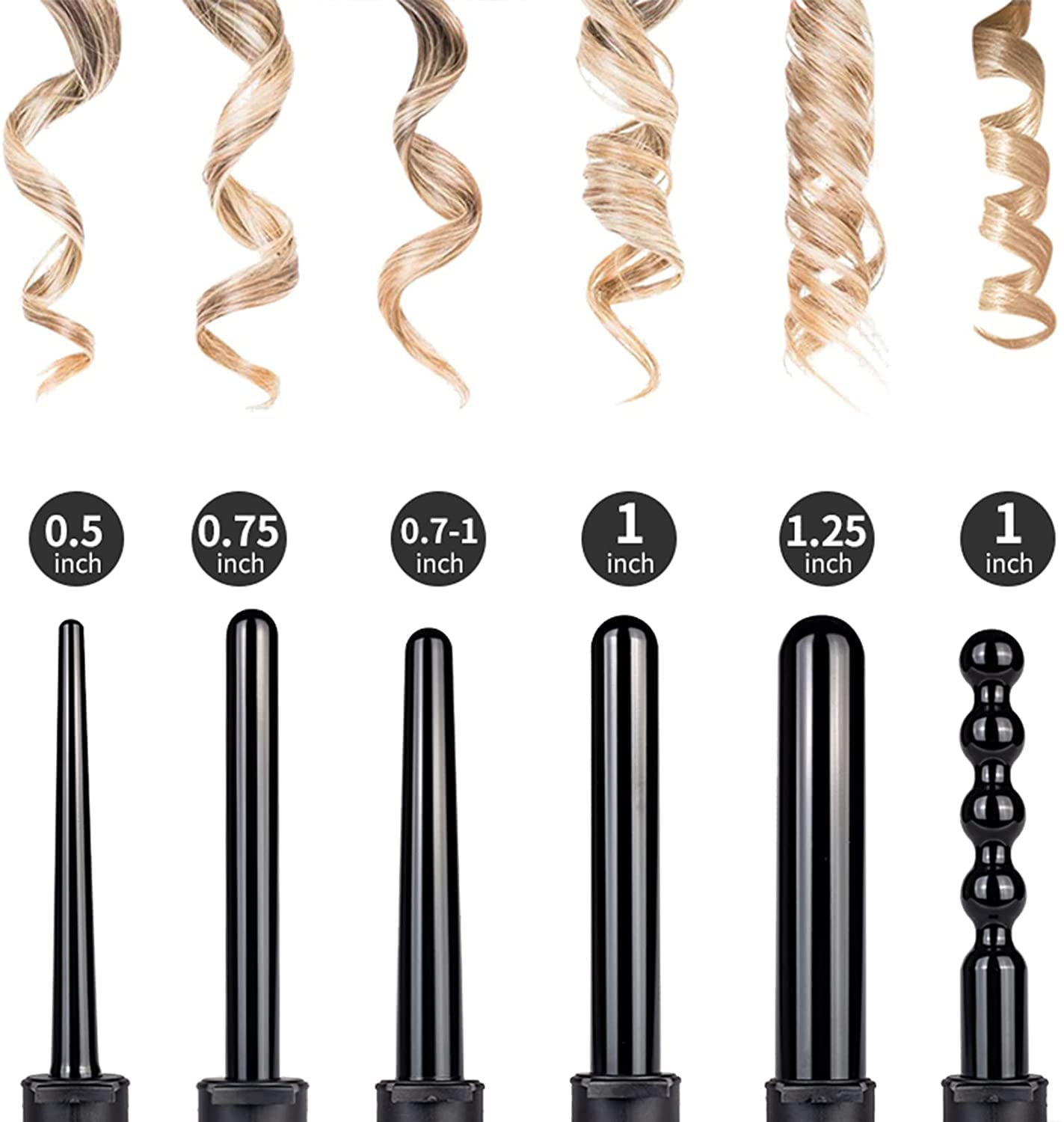 Beauenty Curling Wand Set,6 in 1 Hair Curler with 6 Interchangeable Curling Wand Ceramic Barrel(9-32mm), with LED & Temperature Adjustment and Heat Up, Hair Curler Include Heat Resistant Glove (A)