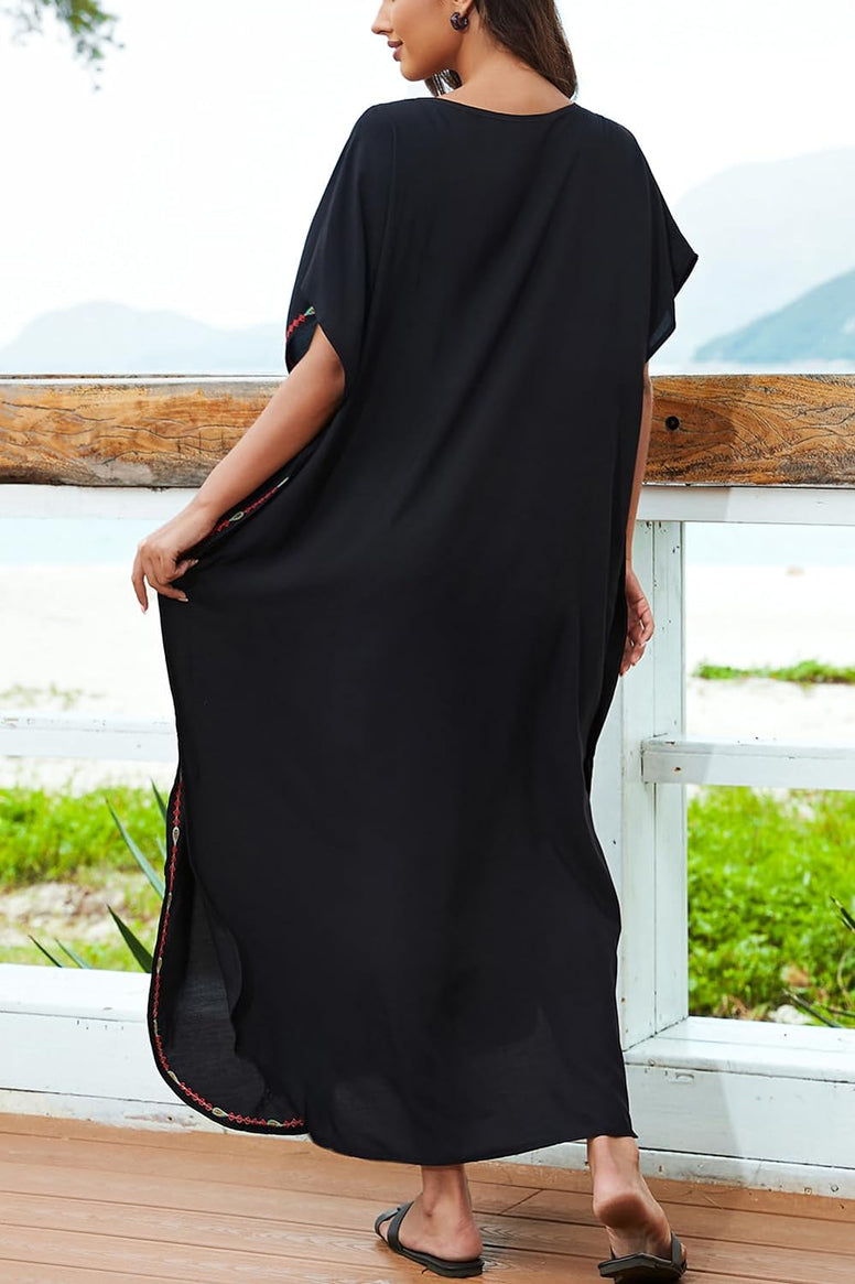 YouKD Embroidered Kaftan Dress Boho Beach Bikini Cover Up Robe Plus Size Loungewear for Women