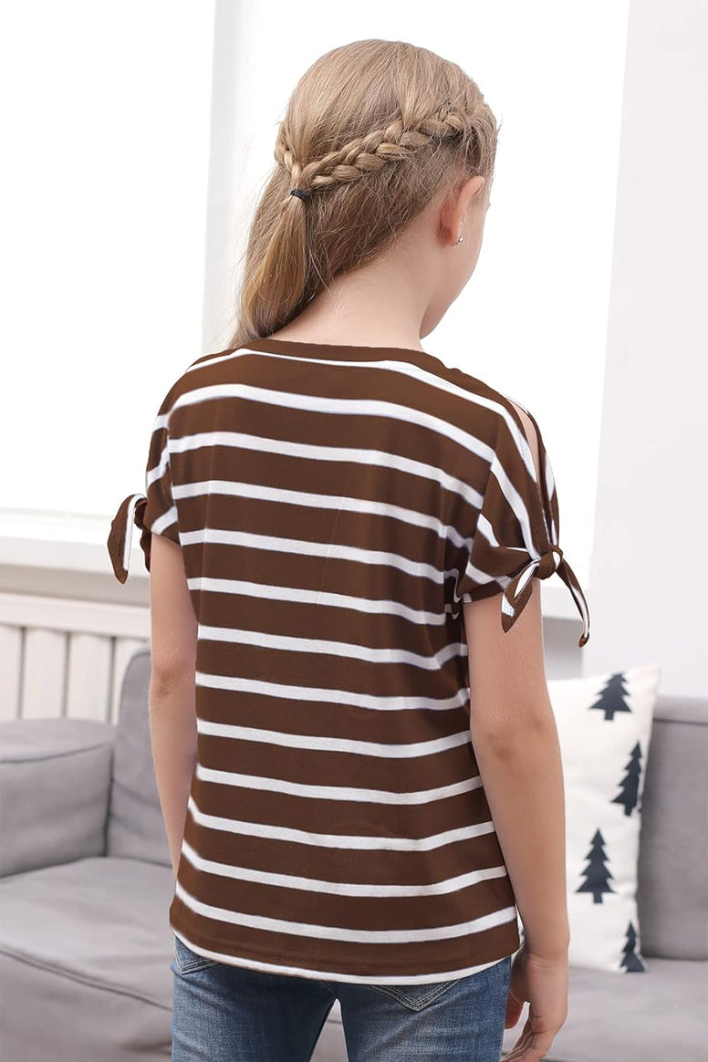 GORLYA Girl's Cut Slit Sleeve Tie knot Cuff Stripe Tunic T-shirt Casual Pullover Top for 4-14T Kids