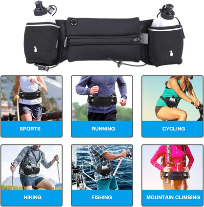 Luckit Hydration Running Belt with 2 Water Bottles(2 x 300ML), Reflective Running Waist Bag Bum Bag Adjustable Sports Waist Pouch for Marathon Running Hiking Camping Cycling Jogging (Stretchable Belt)