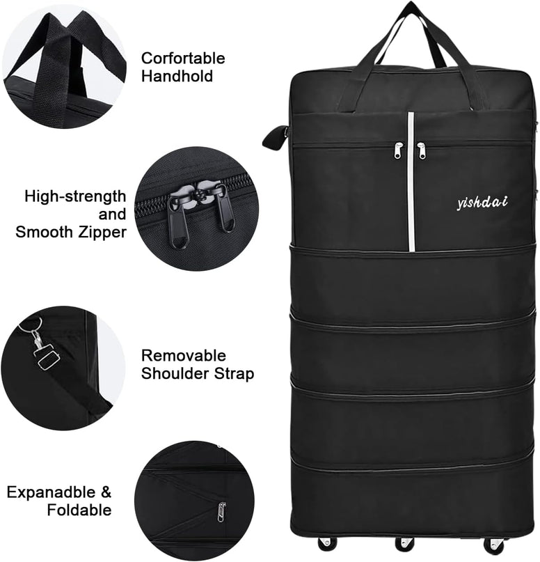 160L Expandable Rolling Wheeled Duffel Bag Foldable Large Capacity Suitcase Extra Oxford Folding Luggage with 6 Durable Rolling Wheel Waterproof Lightweight Luggage Bag for Men Women Home Business