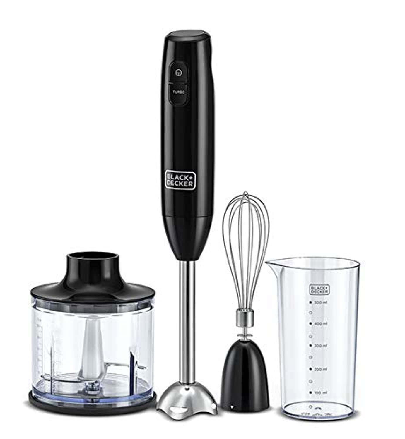 Black & Decker 600W 600ml Hand Blender With Chopper Chopping Bowl, Stainless Steel Blades, 500ml Beaker, 2 Speed Buttons and 3in1 Functionality, For Blending/Chopping/Whisking HB600-B5