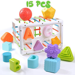 AM ANNA Baby Shape Sorting Toy, Sensory Sorting Bin with Elastic Bands, Colorful Cube with 14PCS Sensory Shape Blocks,Sorter Sorting Brain Toys for Ages 12 Months+ (15Pcs Baby Shape Sorting Toy)