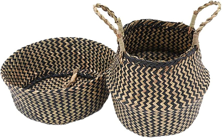 ikasus Woven Seagrass Belly Basket for Storage Plant Pot Basket,Seegrass Laundry Basket with Handles, Boho Home Decor Picnic and Grocery Basket, Plant Pot Cover, Beach Bag and Toy Storage