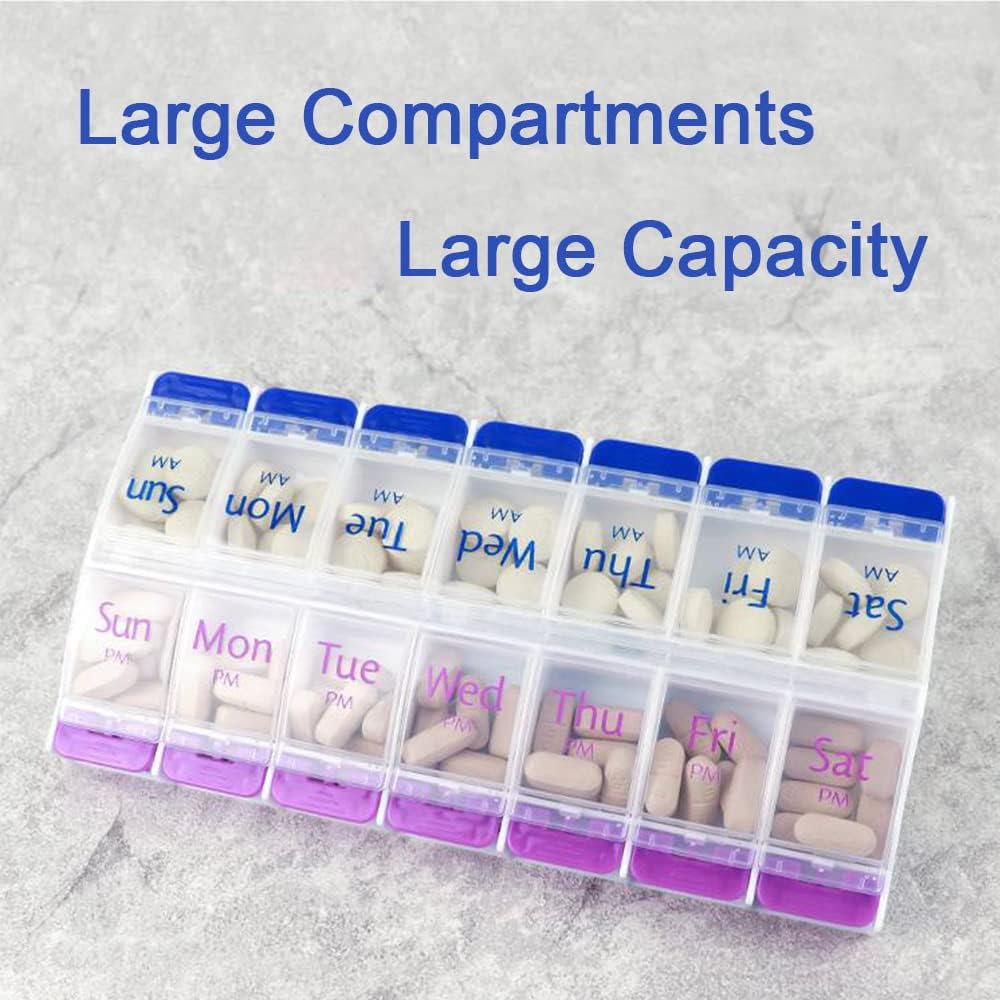 7 Day Pill Box Organiser with Opening Push Button, Pill Boxes 7 Day 2 Times a Day, Weekly Tablet Organiser Boxes 7 Day AM and PM, Medication Organizer Case for Vitamins (Blue-Purple)