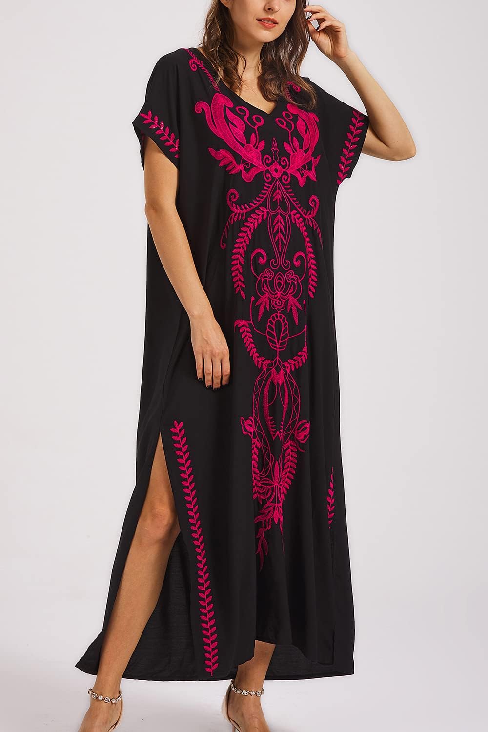 YouKD Embroidered Kaftan Dress Boho Beach Bikini Cover Up Robe Plus Size Loungewear for Women