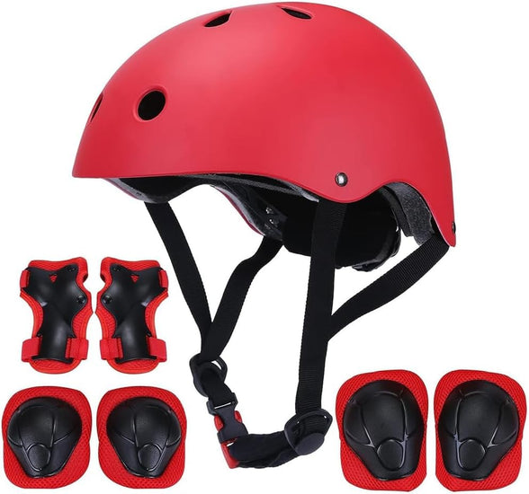 AMERTEER 7 In 1 Kids Bike Helmet Set, Skateboard Knee Pads - Kids Helmet Elbow Pads Wrist Guards Adjustable Protective Gear Set for Sport Cycling Bike Roller Skating Scooter Rollerblade (Red)