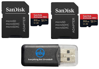 SanDisk 512GB Extreme Pro MicroSD Memory Card (2 Pack) Works with GoPro Hero 10 Black Action Camera U3 V30 4K A2 Class 10 (SDSQXCD-512G-GN6MA) Bundle with 1 Everything But Stromboli Micro Card Reader