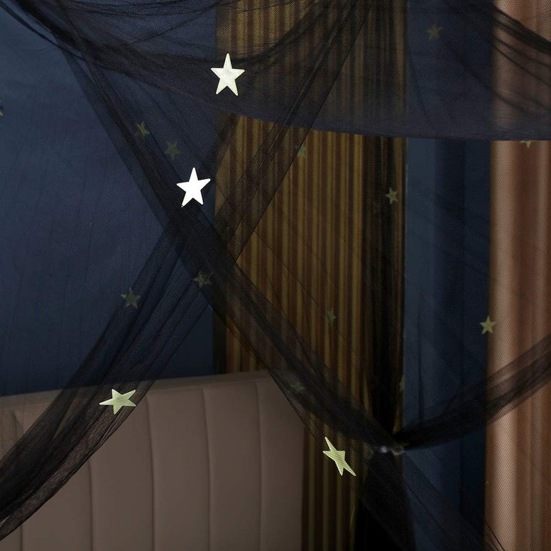 OctoRose 4 Post Stat Glow in The Dark Bed Canopy Mosquito Net Full, Queen, King and Calking.76 Width, 86" Long, 96" high(4P-GLW-Star-Black)