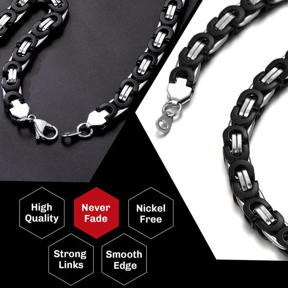 ChainsHouse Flat Byzantine Chain Link Necklace for Men Women, 6mm/8mm/10mm Width, 18-30inch Length, 316L Stainless Steel/18K Real Gold Plated Mens Bracelet Jewelry