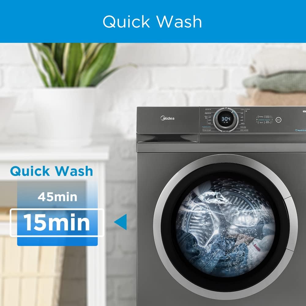 Midea 8KG Front Load Washing Machine with BLDC Inverter Motor, 1400 RPM, 15 Programs, Fully Automatic Washer with Lunar Dial, Integrated Digital Control-LED Display, Multiple Temperature MF100W80BTGCC