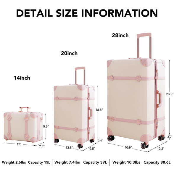 NZBZ Women Cute Vintage Luggage Sets with TSA Lock 3 Piece Luxury Retro Trunk Luggage Hardside Trolley Suitcase, White, 14inch & 20inch & 28inch, Vintage, White, 14inch & 20inch & 28inch, Vintage