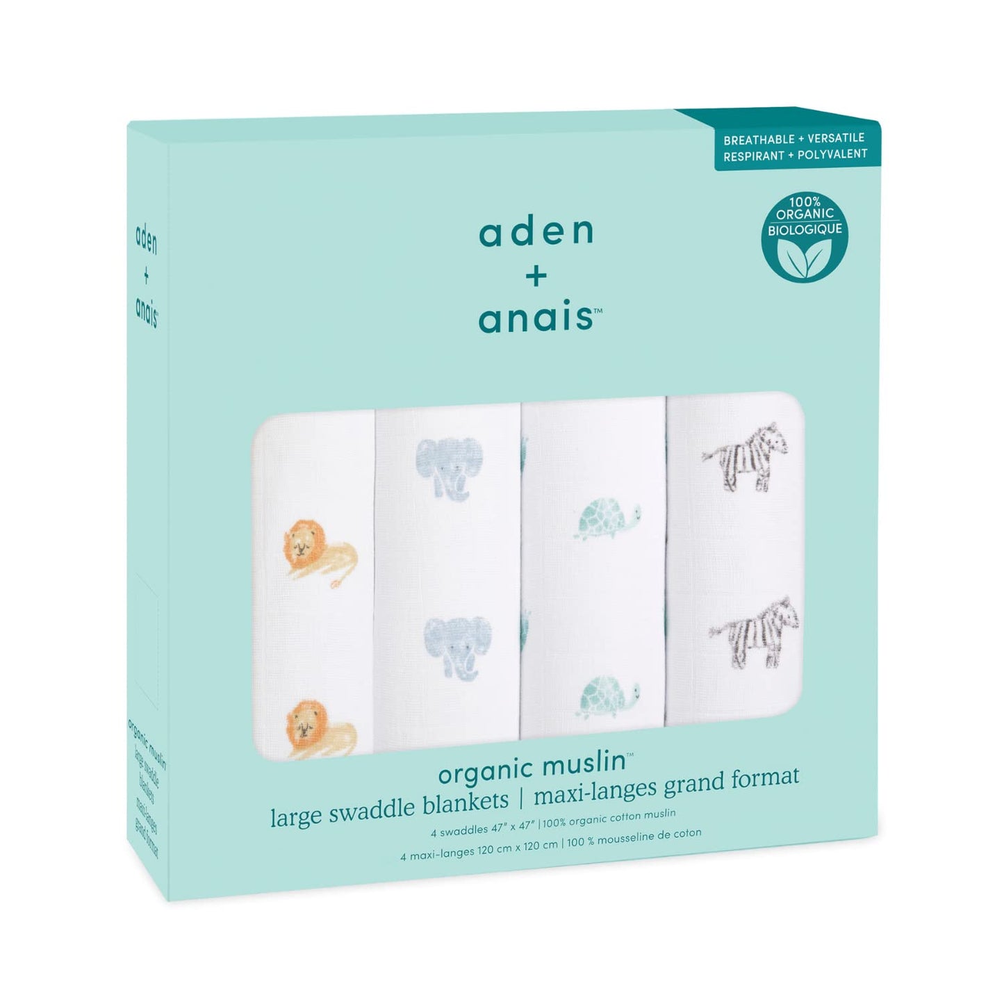 aden + anais 100% Organic Cotton Muslin Swaddle, GOTS Certified, Swaddle Receiving Blankets for Baby Girls & Boys, 120x120cm, Newborn & Infant Swaddling Wrap Set, Shower Gifts, 4 Pack, animal kingdom
