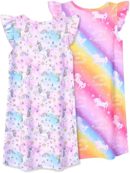 Jxstar 2-Pack Nightgown for Girls Flutter Sleeve Pajamas Cotton Night Dresse