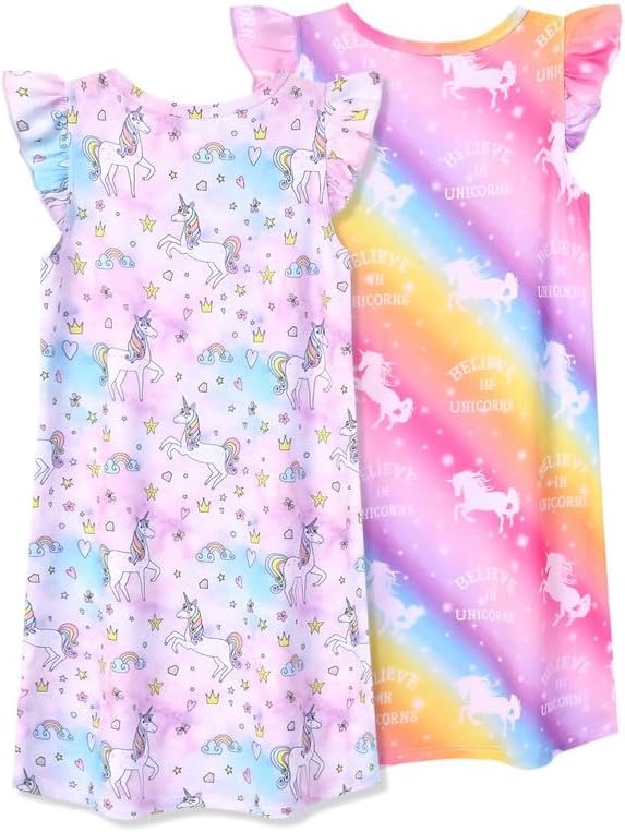 Jxstar 2-Pack Nightgown for Girls Flutter Sleeve Pajamas Cotton Night Dresse