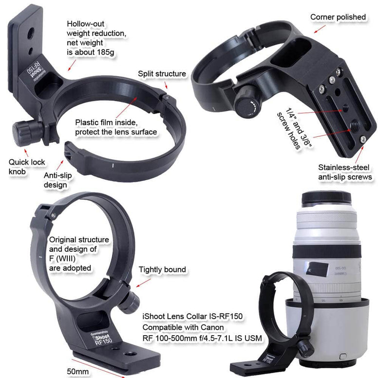 iShoot Metal Lens Collar Tripod Mount Ring Compatible with Canon RF 100-500mm f/4.5-7.1L is USM, Lens Support Holder Bracket Bottom is Arca-Swiss Fit Quick Release Plate Dovetail Groove