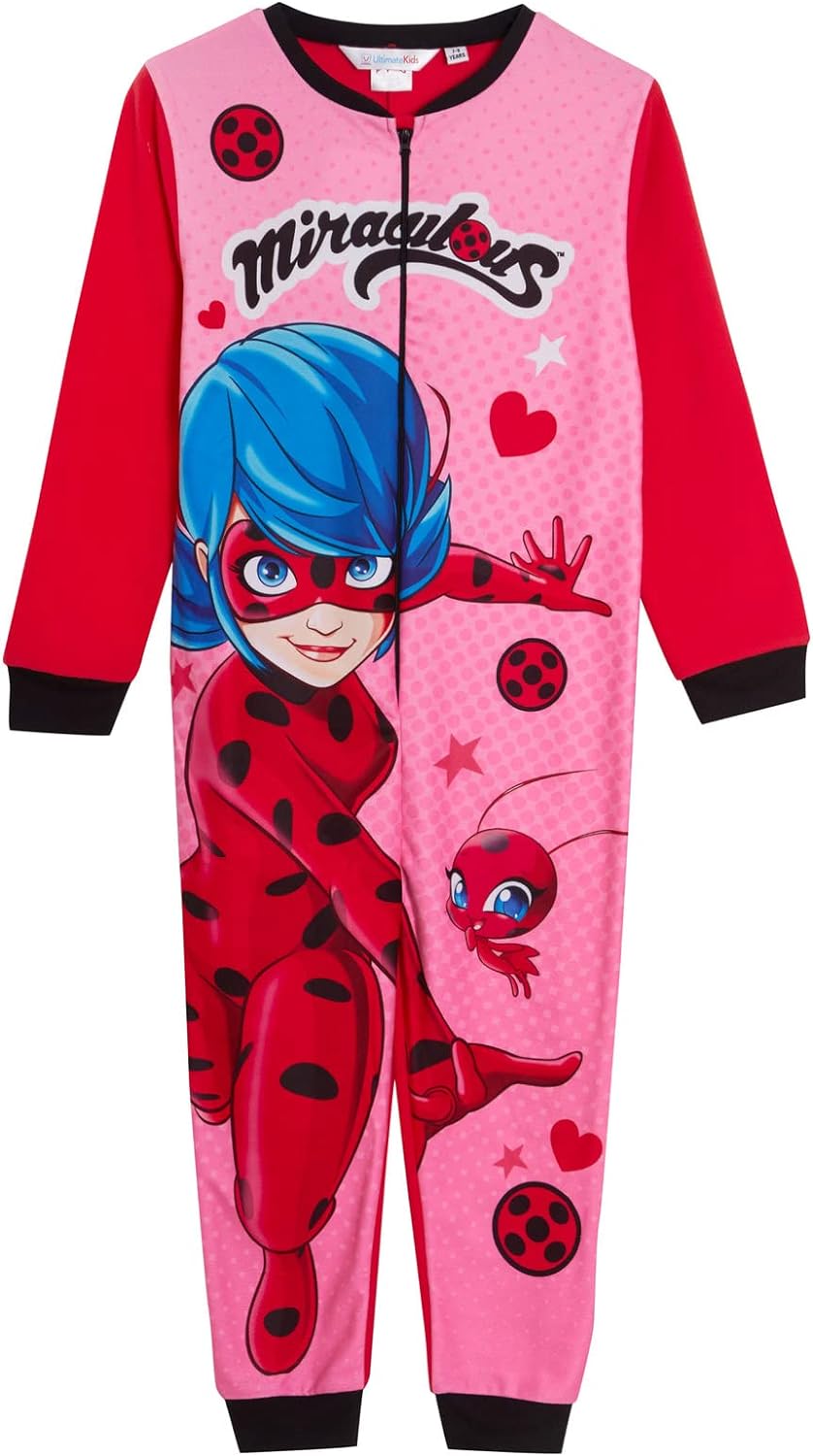 Miraculous Onesie for Girls Ladybug All in One Kids Fleece Pyjamas Dress Up Play Suit Costume Pjs Zipped Loungewear, Multi