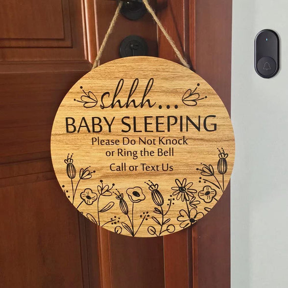 Shhh... Baby Sleeping Hanging Sign Plaque, Do Not Knock Or Ring The Bell, Round Rustic Wooden Door Hanger for Baby Room, Nursery, Kindergarten, Bedroom, Door Knob Door Bell Decor