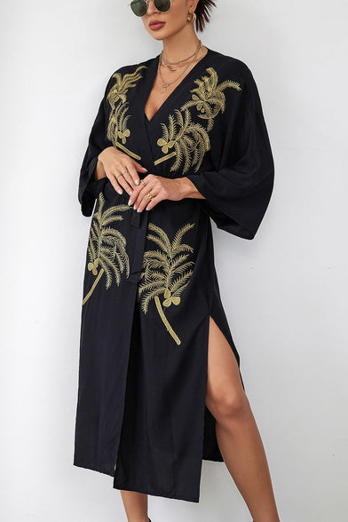 YouKD Embroidered Kaftan Dress Boho Beach Bikini Cover Up Robe Plus Size Loungewear for Women