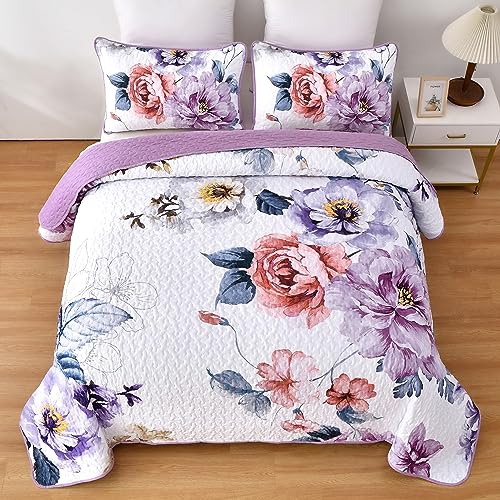 Dobuyly Purple Floral Quilt Set King Size, 3 Pieces Botanical Flower Printed on White Quilt Bedding Set Soft Microfiber Lightweight Bedspread Coverlet Set for All Season 104" x 90"