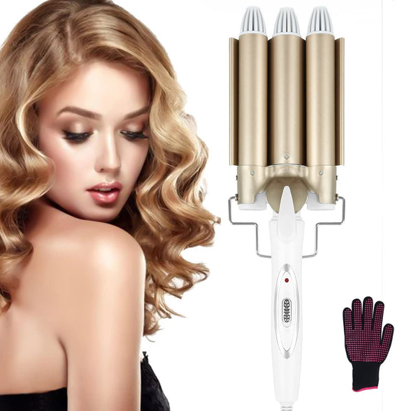 Hair Curler, 3 Barrel 22mm Hair Waver Curling Iron, Tourmaline Ceramic Fast Heating Hair Curler with 1 Heat Resistant Glove, 30s Quick Heating for Long or Short Hair Styling (Glod)