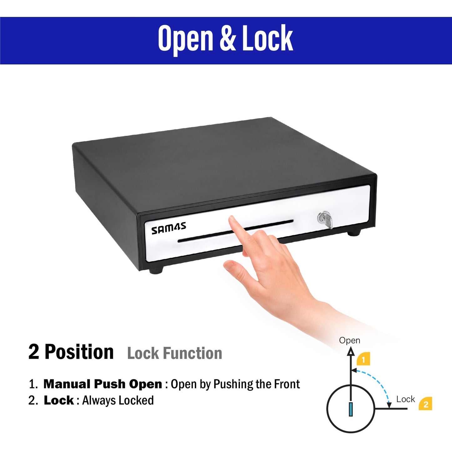 SAM4s 16" Heavy Duty Black Manual Push Open Cash Drawer with 5Bills and 5Coin Slots, Stainless Steel Front Touch Panel, Key Lock