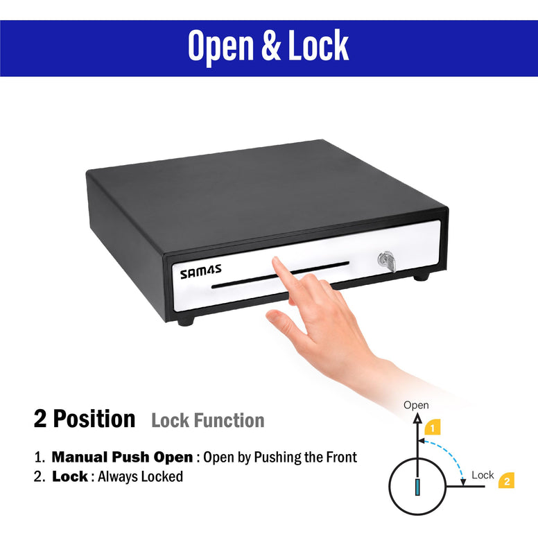 SAM4s 16" Heavy Duty Black Manual Push Open Cash Drawer with 5Bills and 5Coin Slots, Stainless Steel Front Touch Panel, Key Lock