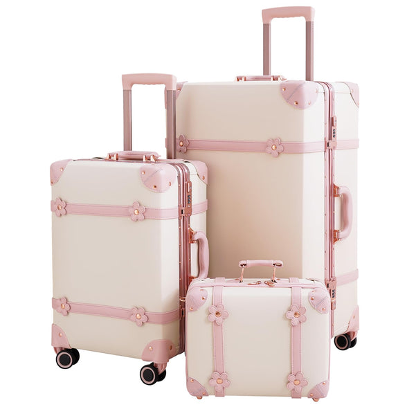 NZBZ Women Cute Vintage Luggage Sets with TSA Lock 3 Piece Luxury Retro Trunk Luggage Hardside Trolley Suitcase, White, 14inch & 20inch & 28inch, Vintage, White, 14inch & 20inch & 28inch, Vintage
