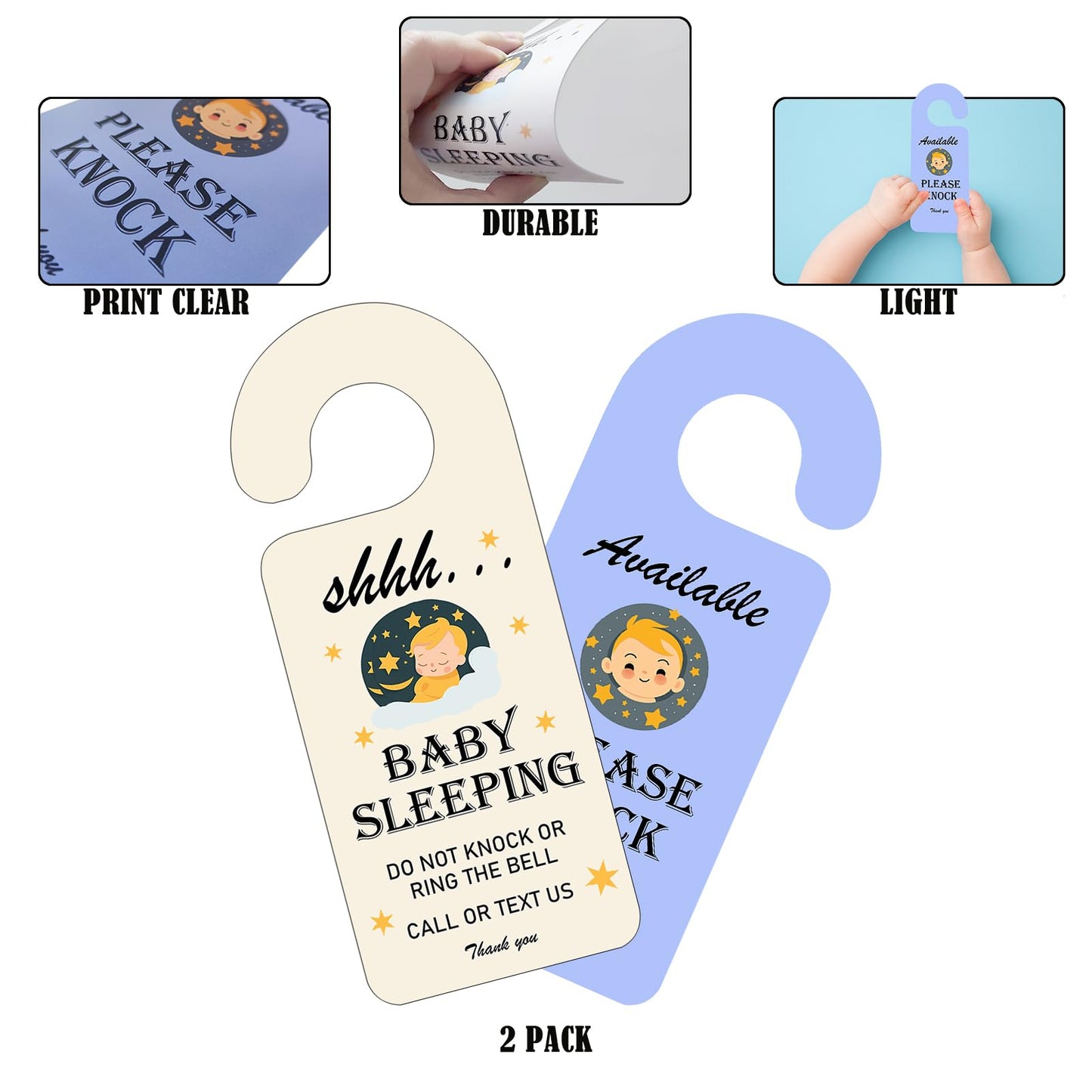 Baby Sleeping Sign for Front Door, Do Not Disturb Door Hanger Sign, 2pack Please Do not Knock or Ring Bell Baby Is Sleeping Double-sided PVC Door Sign- for Nursery Infants School Kindergarten & for