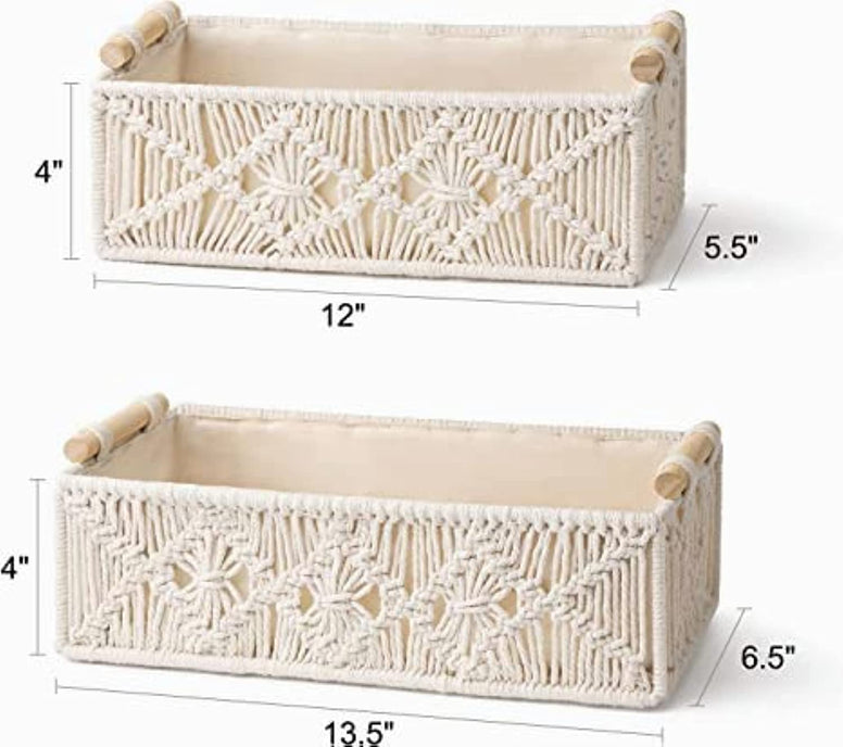 MIXDE Storage Baskets Set 2PCS Handmade Cotton Woven Decorative Boho Desk Storage Bins Boxes with Wood Handles Storage Basket Organizer for Bedroom, Dorm, Living Room, Bathroom (Lvory)