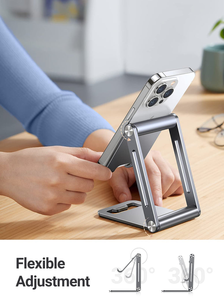 UGREEN Phone Stand Aluminum Mobile Stand Adjustable Mobile Holder Foldable Phone holder, Desktop iPhone Stand Compatible with All Mobile Phone, iPhone 15 Pro/15 Pro Max, Samsung Galaxy, iPad, Grey