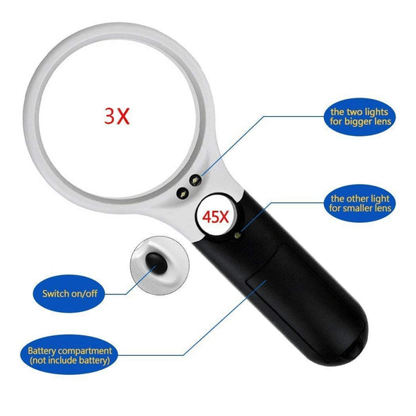 3 LED Light 3x 45x Handheld Magnifier Illuminated Reading Magnifying Glass Lens Jewelry Loupe Ideal for Reading
