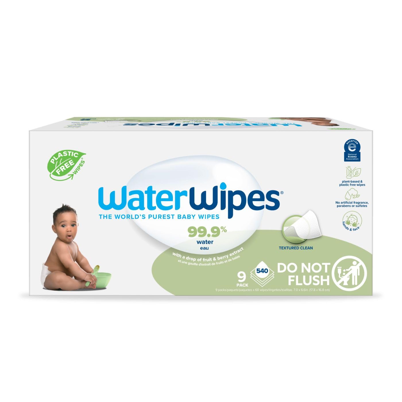 WaterWipes Plastic-Free Textured Clean, Toddler & Baby Wipes, 99.9% Water Based Wipes, Unscented & Hypoallergenic For Sensitive Skin, 540 Count (9 Packs), Packaging May Vary